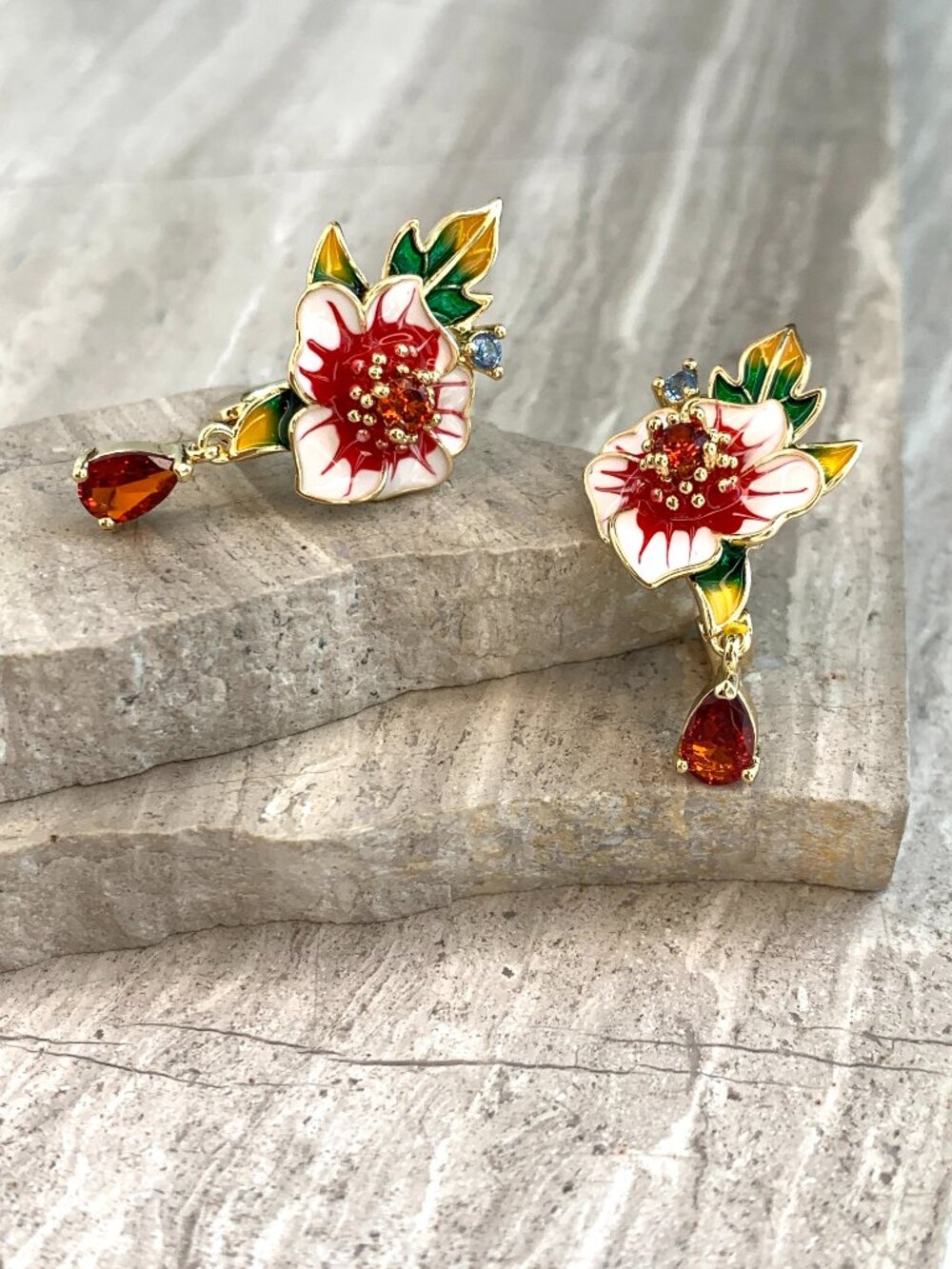 NEW ~ Anthropologie Enamel Flower Crystal Drop Lever Back Earrings - Picture 3 of 16